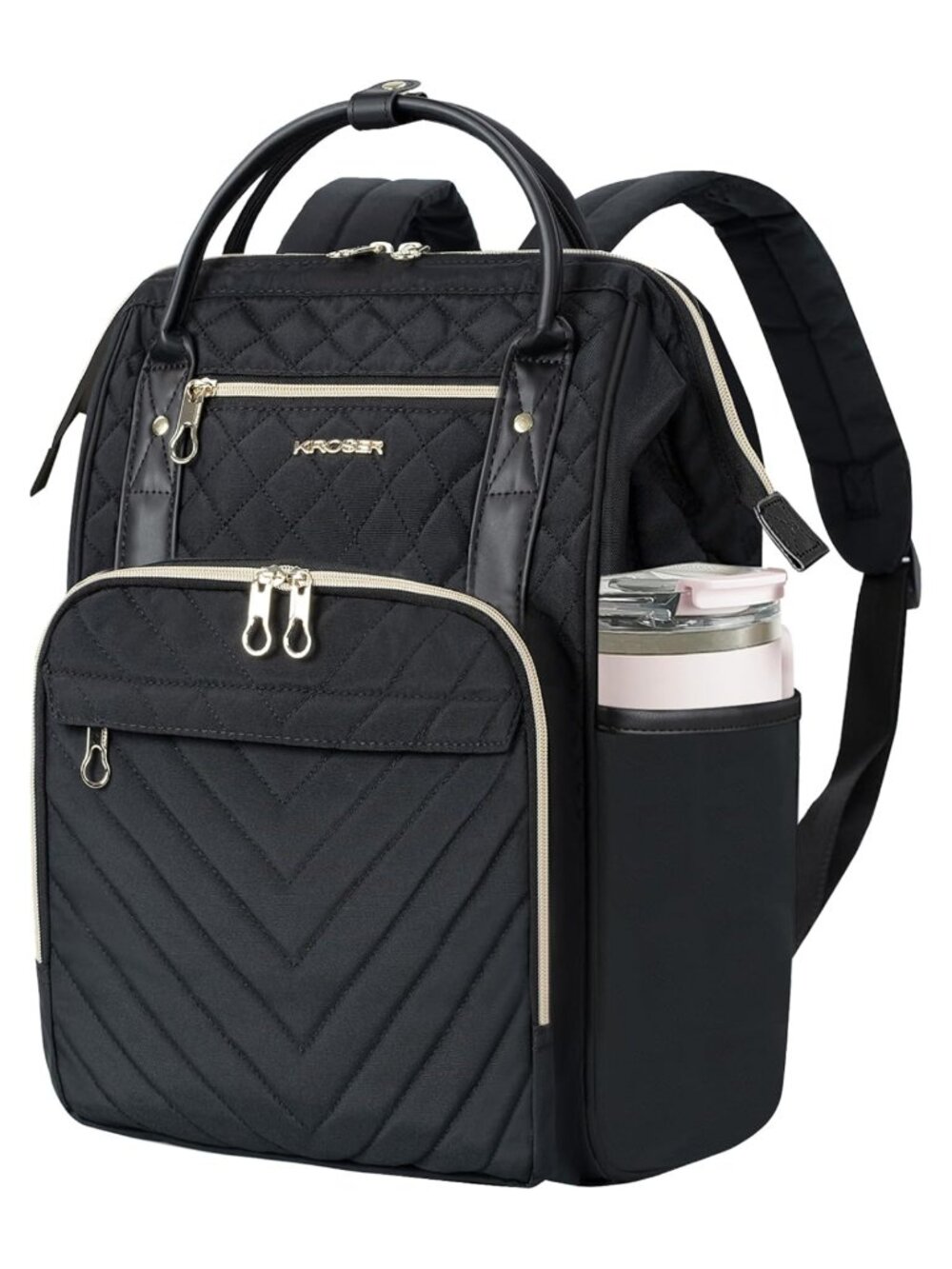 Quilted Laptop Backpack 17" PU Leather Nylon Travel Work Bag